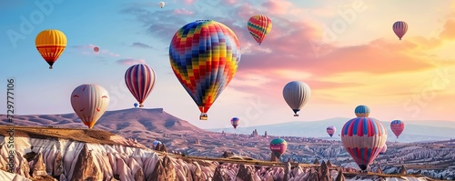 Colorful hot air balloon flying with mountain view