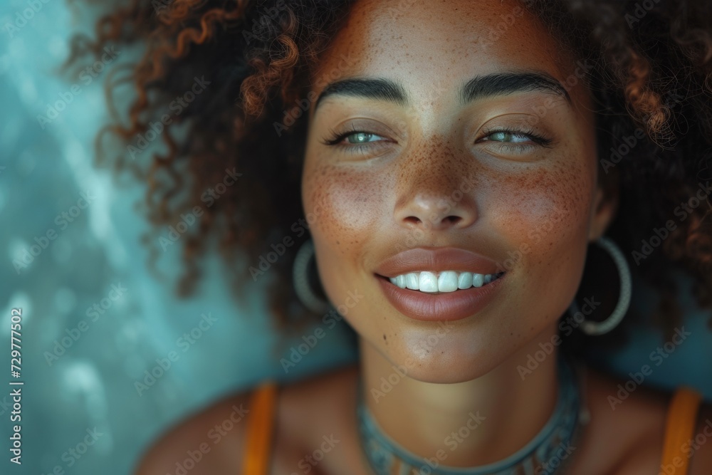 Close-up of joyful African American woman with freckles looking aside dreamily Close-up of joyful African American woman with freckles looking aside dreamily