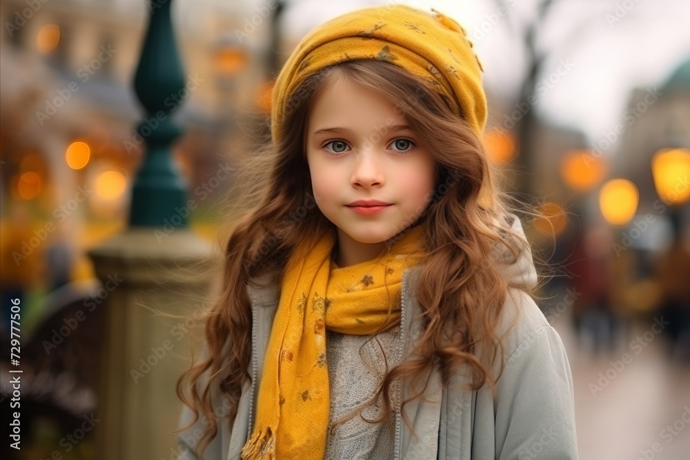 Portrait of a beautiful little girl in a yellow hat and scarf