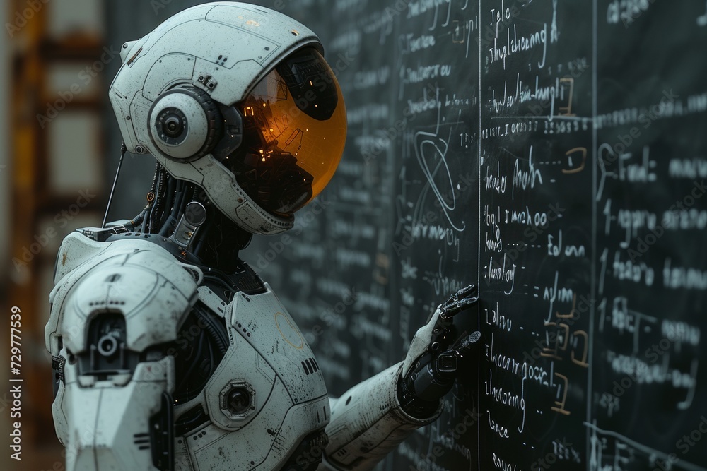 Fototapeta premium Robot analyzing mathematical equations on board