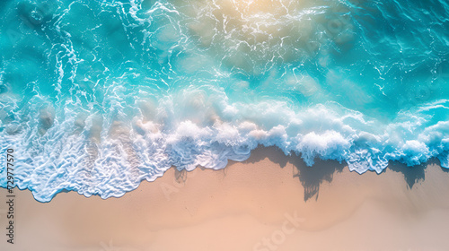Abstract sand beach from above with light blue water wave and sun lights, generative ai