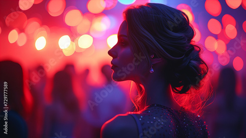 Woman dancing in nightclub, Blurred background of many people at party, Valentine day celebration, birthday party, International Women day, 8 March 