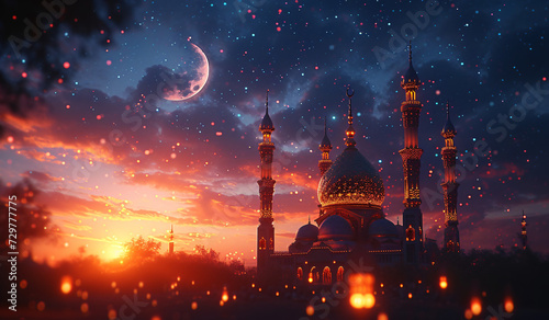 Happy Ramadan, Welcome Ramadan, Eid ul FItr backgrounds - the golden mosque or lantern on the background with moon and stars on gold background, arab inspired - Ai