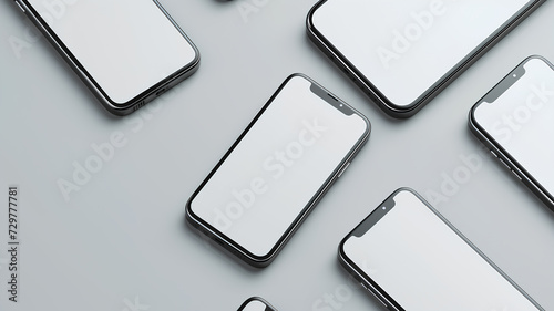 Several modern smartphones with blank white screens arranged on a gray surface are ideal for technology and app presentations.
