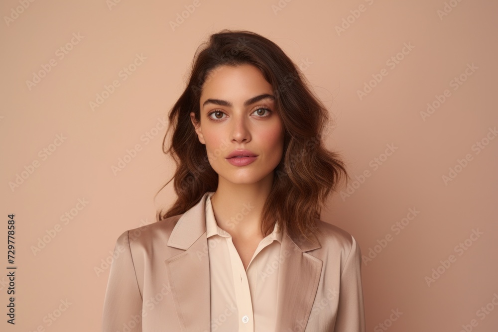 Portrait of a beautiful young brunette woman in a beige blouse Portrait of a beautiful young brunette woman in a beige blouse