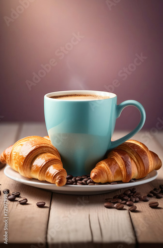 a huge cup of coffee with delicious, fragrant croissants and coffee beans, with a place for text.