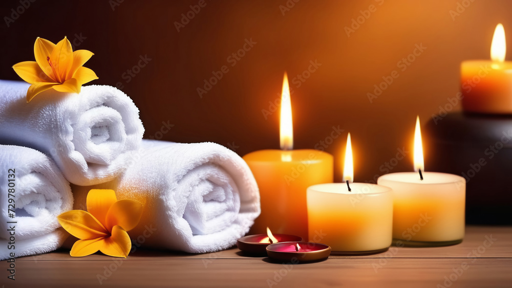 The atmosphere of the spa, relaxation and massage room, a set of towels, burning candles, round stones and tropical flowers in a dark room. The atmosphere of the spa, relaxation and massage room, a set of towels, burning candles, round stones and tropical flowers in a dark room.