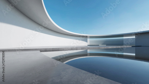 3d render of abstract wavy futuristic architecture with concrete floor.