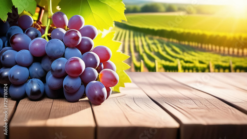 A bunch of large purple grapes lies on a wooden surface against a background of vineyard plants, with space for text.