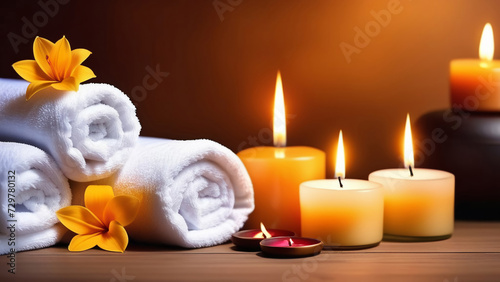 The atmosphere of the spa, relaxation and massage room, a set of towels, burning candles, round stones and tropical flowers in a dark room.