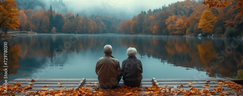 aged couple admiring autumn lake from pier Romantic couple with arms up sitting on old wooden pier at lake, sunset shot