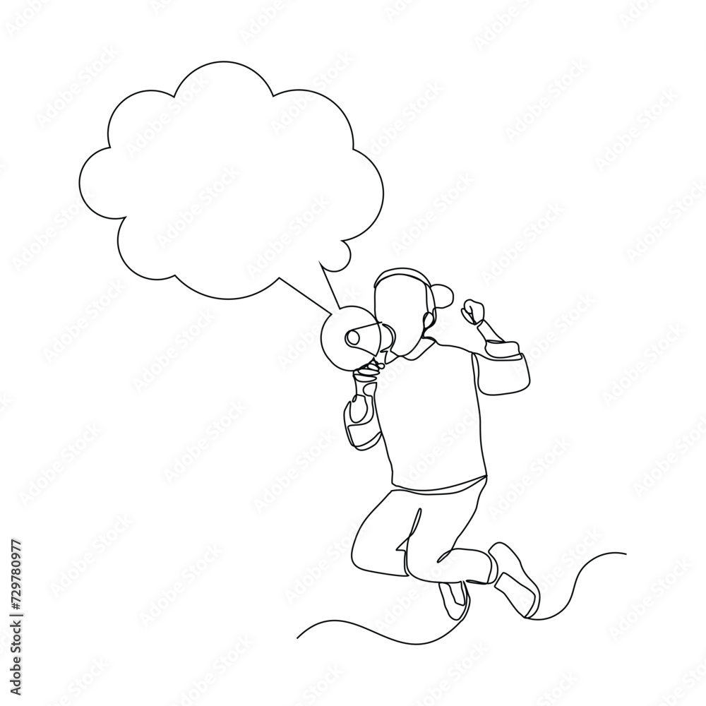 Continuous single line sketch drawing of kid girl holding megaphone speaker with bubble chat. One line art of sound tool equipment vector illustration Continuous single line sketch drawing of kid girl holding megaphone speaker with bubble chat. One line art of sound tool equipment vector illustration