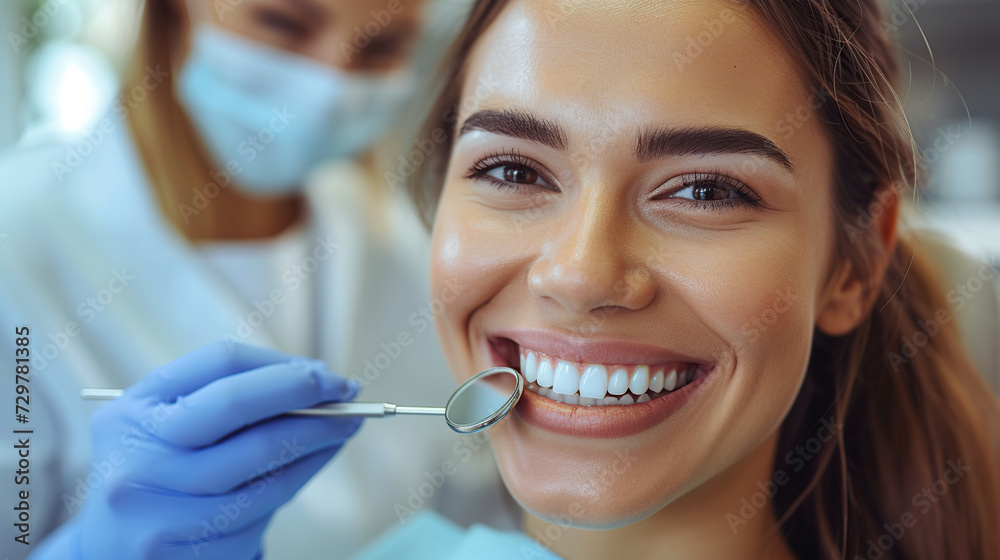 Smile, mirror and image of woman with dentist after teeth whitening Dental services and care Dental care and female patients with an orthodontist for oral health, health and cleaning.