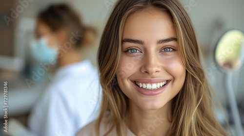 Smile, mirror and image of woman with dentist after teeth whitening Dental services and care Dental care and female patients with an orthodontist for oral health, health and cleaning.