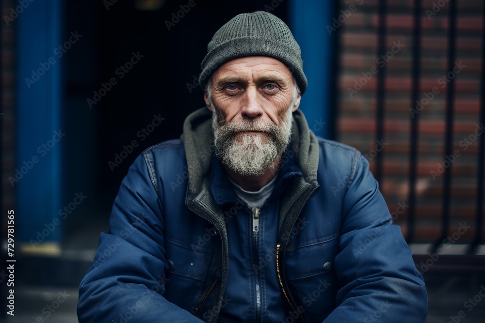 Portrait of an old man with a gray beard in a blue jacket. Portrait of an old man with a gray beard in a blue jacket.
