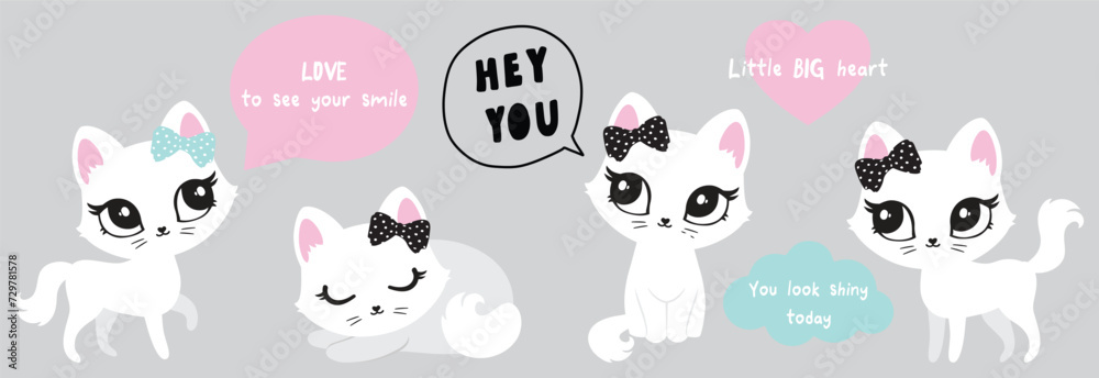 Illustration of cute cat, kitten. Baby, child, cute portrait. Little face, little animal, pet. White character, black graphic. Stickers, wall art, kids room decoration, cutie full face, small kitty