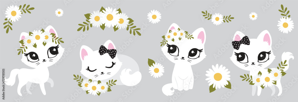 Illustration of cute cat, kitten. Baby, child, cute portrait. Little face, little animal, pet. White character, black graphic. Stickers, wall art, kids room decoration, cutie full face, small kitty