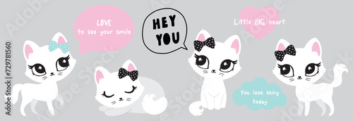 Illustration of cute cat, kitten. Baby, child, cute portrait. Little face, little animal, pet. White character, black graphic. Stickers, wall art, kids room decoration, cutie full face, small kitty