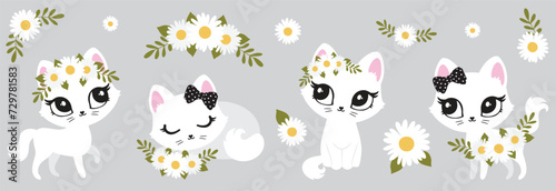 Illustration of cute cat, kitten. Baby, child, cute portrait. Little face, little animal, pet. White character, black graphic. Stickers, wall art, kids room decoration, cutie full face, small kitty