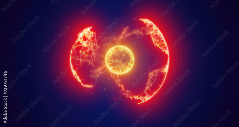 Yellow energy magic circle, sphere, ball made of futuristic waves and lines of particles of atomic energy and electricity force field. Abstract background Yellow energy magic circle, sphere, ball made of futuristic waves and lines of particles of atomic energy and electricity force field. Abstract background