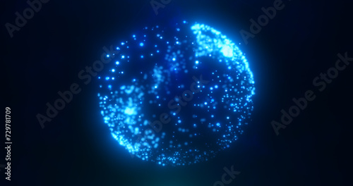 Abstract blue glowing digital high-tech futuristic energy plasma sphere with lines and particles on dark black background