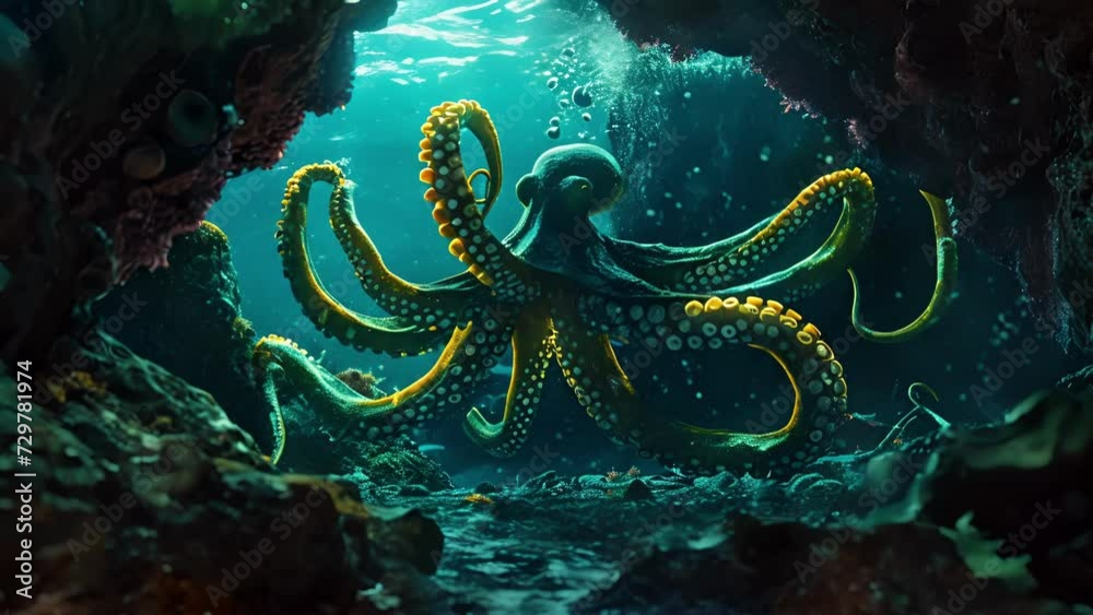 A neon yellow octopus emerging from a glowing underwater cave its tentacles reaching out in curiosity.