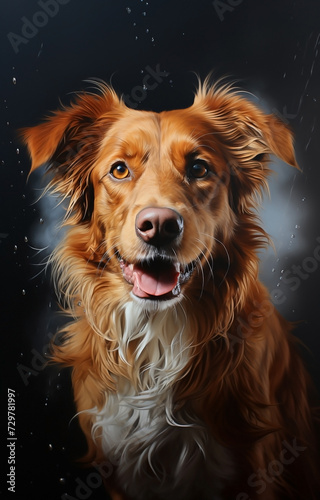 small orange fluffy dog on isolated backgroun, animals, pet, hungry, playing, puppy wanting food, puppy. studio photo, portrait, black background © Dm