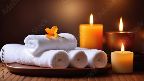 The atmosphere of the spa  relaxation and massage room  a set of towels  burning candles  round stones and tropical flowers in a dark room.