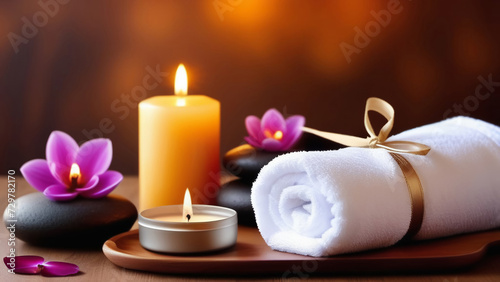 The atmosphere of the spa, relaxation and massage room, a set of towels, burning candles, round stones and tropical flowers in a dark room.