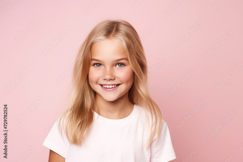 Portrait of a beautiful little girl with blond hair on a pink background Portrait of a beautiful little girl with blond hair on a pink background