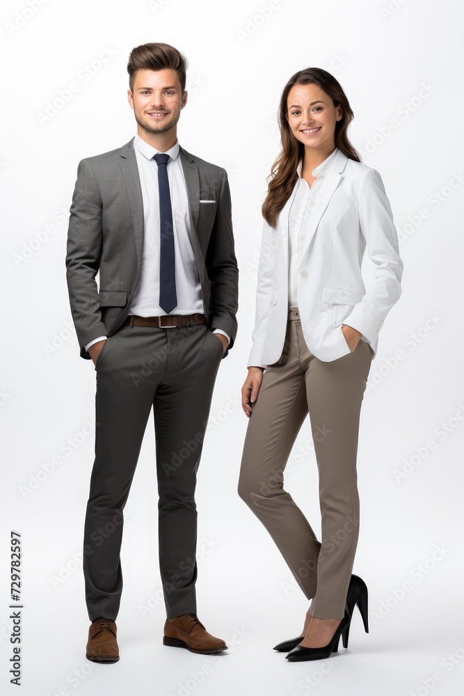 Male and female businessmen, white background Male and female businessmen, white background
