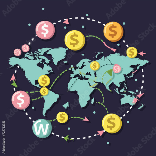 2d vector illustration colorful trading over the world map money bitcoin crypto 
