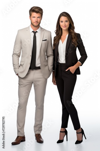 Male and female businessmen, white background