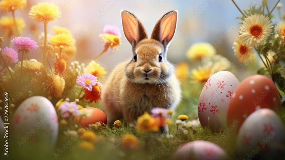 A cute Easter bunny in a meadow among blooming flowers and with colored eggs, a spring day during the Easter holidays.
