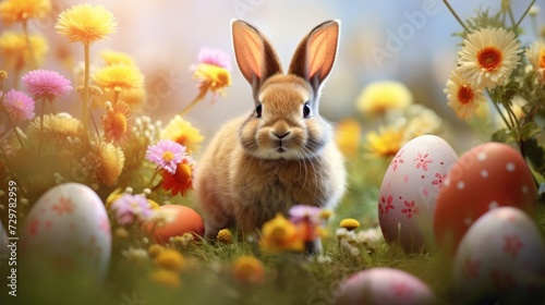 A cute Easter bunny in a meadow among blooming flowers and with colored eggs  a spring day during the Easter holidays.