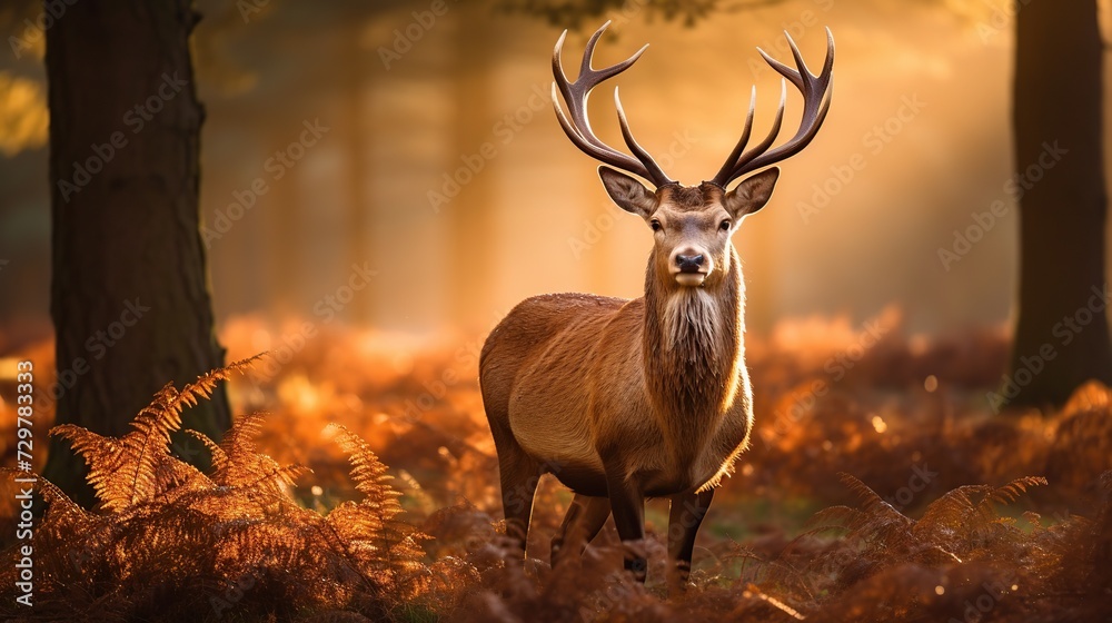 Deer in nature, Morning Sun background. - obrazy, fototapety, plakaty 