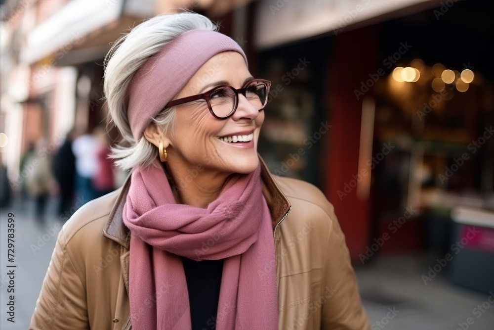 Portrait of a smiling senior woman wearing glasses and scarf in the city