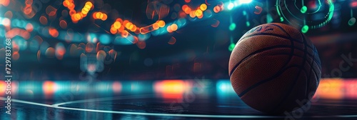 Sports betting concept with charts and graphs showing wins, losses, and odds with basketball equipment photo