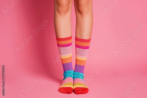 Young woman's legs on solid pink background wearing colorful patterned socks. 