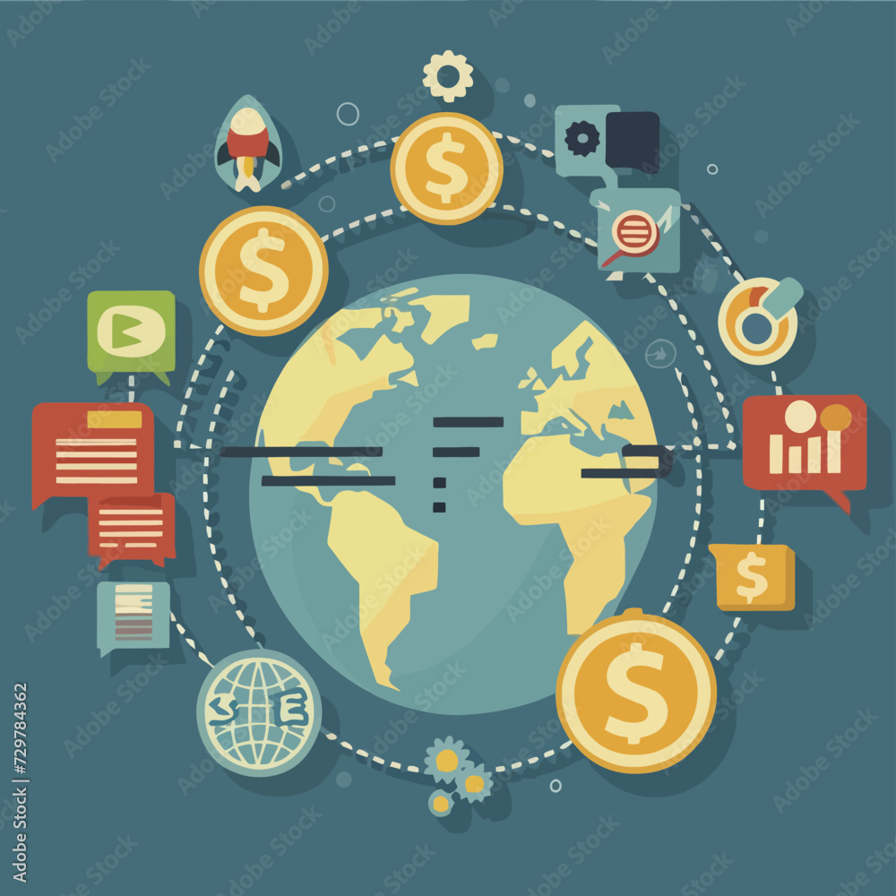 Obraz premium 2d vector illustration colorful trading over the world map money bitcoin crypto 