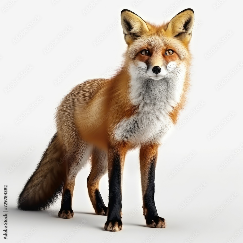 A red fox standing isolated on a white background, looking attentively to the side.