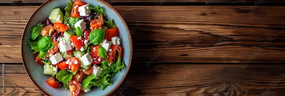 Overhead photo of a bowl of delicious greek salad on wooden table. Overhead photo of a bowl of delicious greek salad on wooden table.