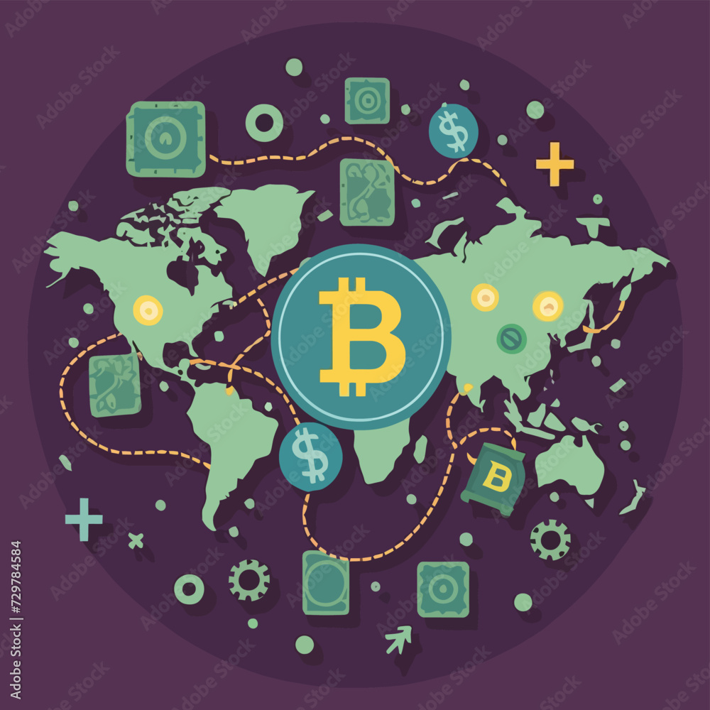 Fototapeta premium 2d vector illustration colorful trading over the world map money bitcoin crypto 