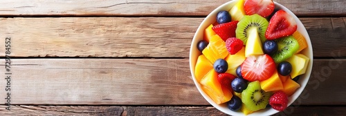 Overhead photo of a bowl of delicious fruit salad on wooden table. 