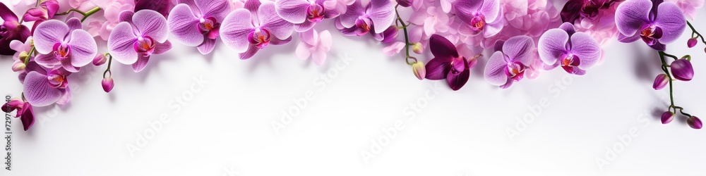 Obraz premium A banner of orchid flowers on a white background. An invitation or a postcard for a holiday.