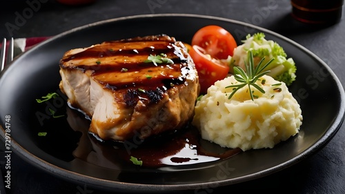 Chicken steak with barbeque sauce and mashed potatoes and cut vegetables on a black plate. AI Generative.