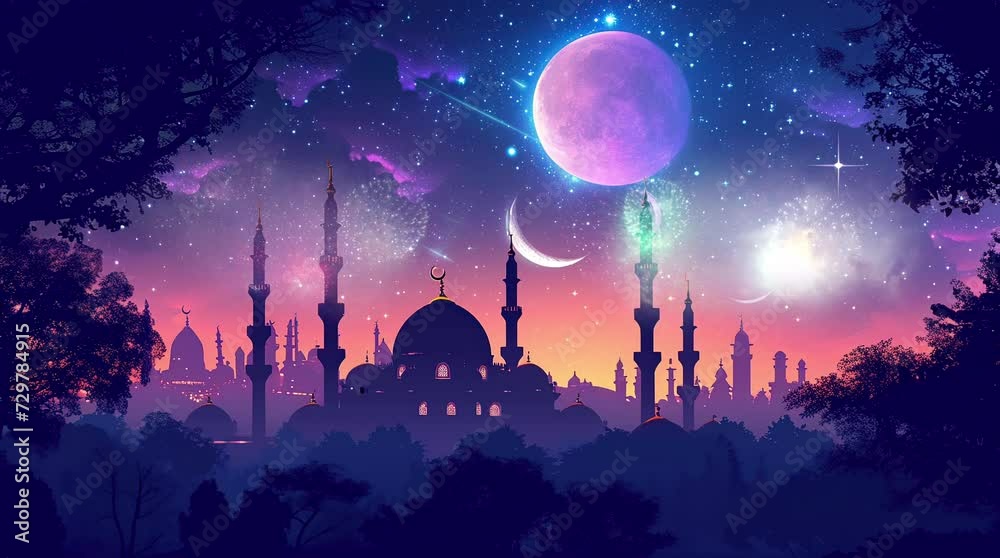 Vibrant Mosque Illuminated by Eid and Ramadan Fireworks, Celebrating Festive Spirit Seamless looping 4k time-lapse virtual video animation background. Generated AI Vibrant Mosque Illuminated by Eid and Ramadan Fireworks, Celebrating Festive Spirit Seamless looping 4k time-lapse virtual video animation background. Generated AI