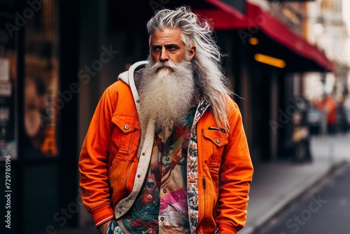 Portrait of an old man with long gray beard and mustache in an orange jacket on a city street
