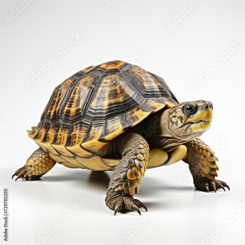 Close-up of a solitary tortoise on a clean white background