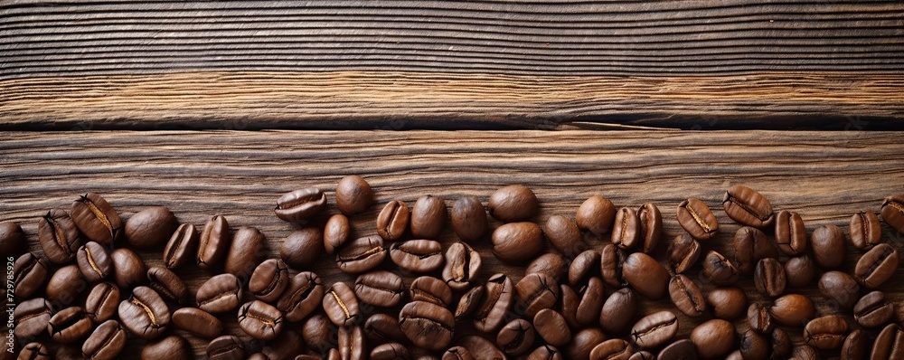 Fresh coffee beans placed on a wooden table Fresh coffee beans placed on a wooden table